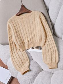 Trelyra Women's Round Neck Dropped Shoulder Long Sleeve Cable Knit Cropped Sweater Everyday Date Apricot Fall Casual - Champagne - View 4