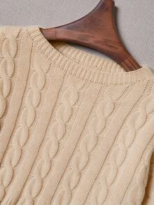 Trelyra Women's Round Neck Dropped Shoulder Long Sleeve Cable Knit Cropped Sweater Everyday Date Apricot Fall Casual - Champagne - View 8
