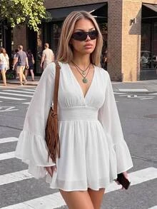 SHEIN ICON Women's Solid Color Flared Sleeve Cinched Waist Mini Dress,White Dresses For Women - White - View 1