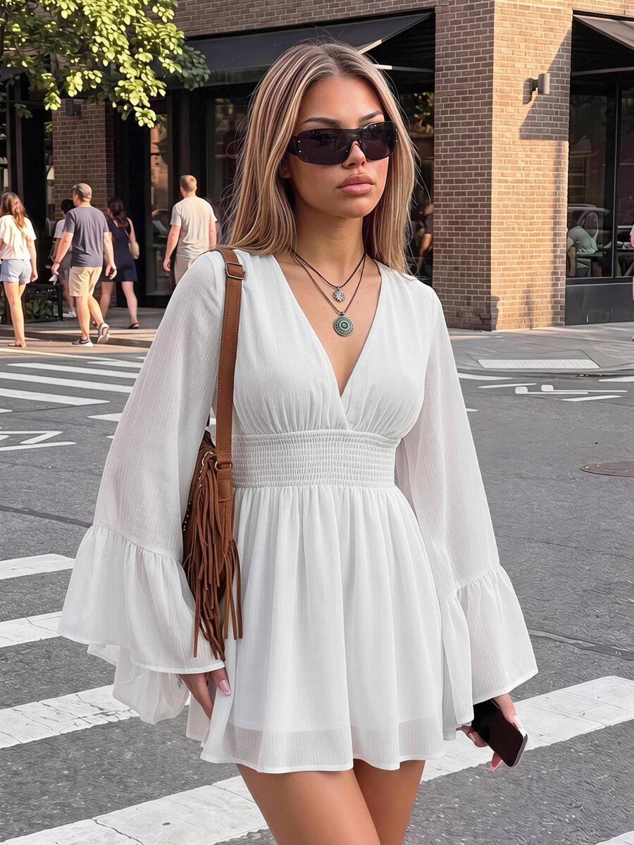 SHEIN ICON Women's Solid Color Flared Sleeve Cinched Waist Mini Dress,White Dresses For Women - White - View 1