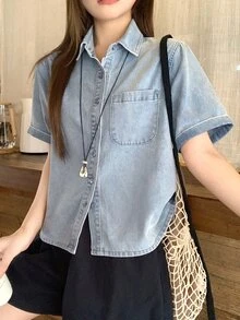 DAZY Atasan Denim Biru Muda Longgar Kasual Wanita dengan Kerah dan Dekorasi Saku, Atasan Lucu - Biru - View 5