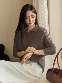 Dazy-Less Casual Business Style Solid Color Sweater, Autumn - Khaki - View 2