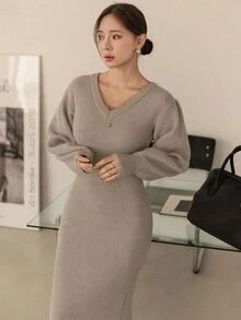 Dazy-Less Women's Casual Everyday Commute Simple Solid V-Neck Lantern Sleeve Fishtail Hem Fitted Sweater Dress, Autumn/Winter Business Casual Woman - Khaki - View 8