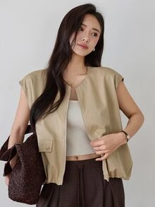 Dazy-Less 夏季新款宽松休闲无袖背心，商务休闲风格，女士 - 卡其色 - 查看 3