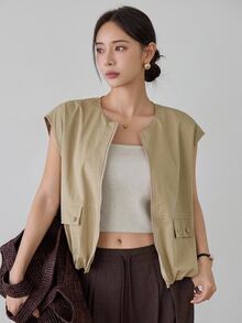 Dazy-Less 夏季新款宽松休闲无袖背心，商务休闲风格，女士 - 卡其色 - 查看 10