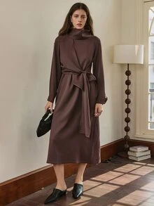 Dazy-Less 春夏正式礼服，优雅复古风格收腰长裙，适合婚礼、派对、宴会、商务休闲场合，女士连衣裙 - 棕色 - 查看 3