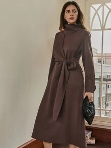 Dazy-Less 春夏正式礼服，优雅复古风格收腰长裙，适合婚礼、派对、宴会、商务休闲场合，女士连衣裙 - 棕色 - 查看 6