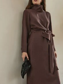 Dazy-Less 春夏正式礼服，优雅复古风格收腰长裙，适合婚礼、派对、宴会、商务休闲场合，女士连衣裙 - 棕色 - 查看 1