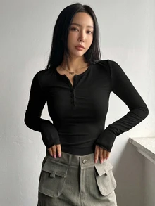 DAZY Long Sleeve Half Button Down Henley T-Shirt,Fall Clothes - Black - View 6