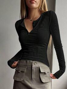 DAZY Long Sleeve Half Button Down Henley T-Shirt,Fall Clothes - Black - View 5