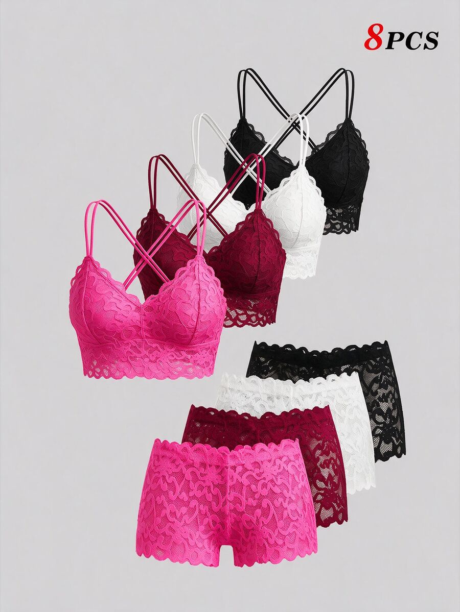 SHEIN MOD 4件套蕾丝无钢圈文胸和内裤内衣套装 - 彩色 - 查看 1
