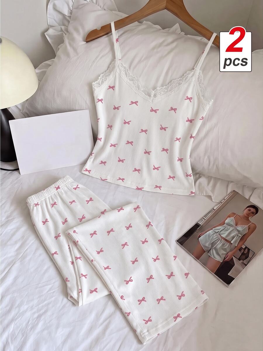 SHEIN MOD 女士睡衣套装，粉色蝴蝶结印花，蕾丝边V领吊带背心和长裤 - 白色 - 查看 1