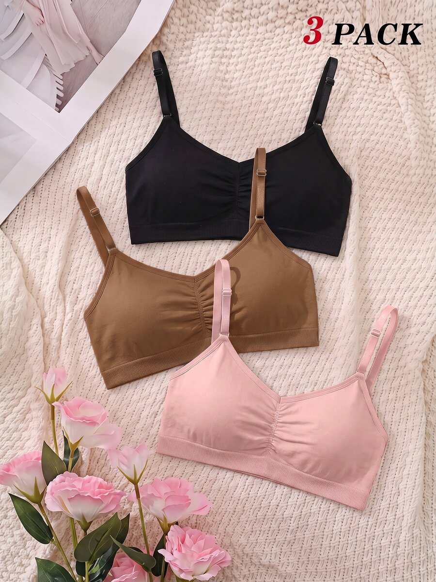 SHEIN MOD 女士休闲舒适纯色褶皱胸罩面料文胸3件装无衬垫中等弹力文胸 - 彩色 - 查看 1