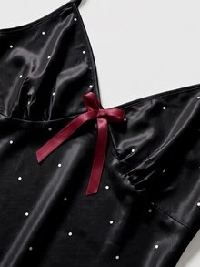 SHEIN MOD 缎面可爱波点印花吊带背心短裤睡衣套装（女款） - 黑色 - 查看 4