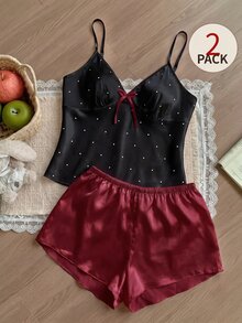 SHEIN MOD 缎面可爱波点印花吊带背心短裤睡衣套装（女款） - 黑色 - 查看 1