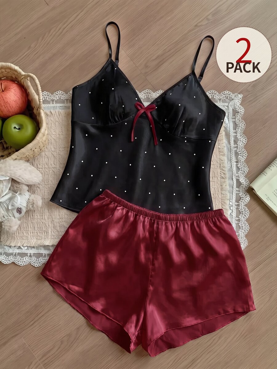 SHEIN MOD 缎面可爱波点印花吊带背心短裤睡衣套装(女款) - 黑色 - 查看 1