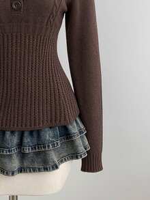 Sweetra Brown Fitted A-Line Fashion Commute Charming Cute Sweet Vintage Romantic Hooded Pullover Sweater For Women - Coffee Brown - View 5