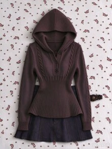 Sweetra Brown Fitted A-Line Fashion Commute Charming Cute Sweet Vintage Romantic Hooded Pullover Sweater For Women - Coffee Brown - View 6
