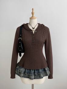 Sweetra Brown Fitted A-Line Fashion Commute Charming Cute Sweet Vintage Romantic Hooded Pullover Sweater For Women - Coffee Brown - View 3