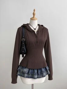 Sweetra Brown Fitted A-Line Fashion Commute Charming Cute Sweet Vintage Romantic Hooded Pullover Sweater For Women - Coffee Brown - View 1