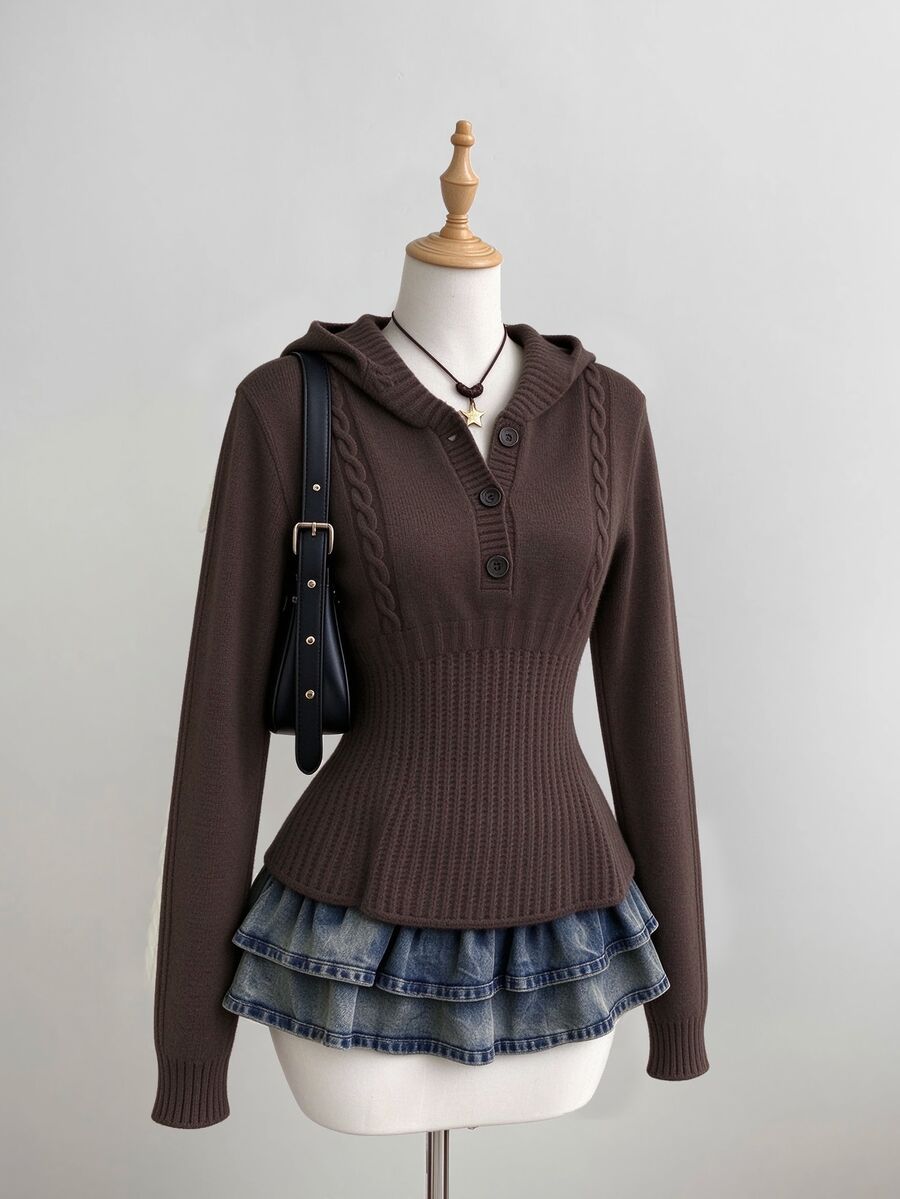 Sweetra Brown Fitted A-Line Fashion Commute Charming Cute Sweet Vintage Romantic Hooded Pullover Sweater For Women - Coffee Brown - View 1