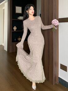 Modelyn Elegant Round Neck Long Sleeve Bell Sleeve Side Cutout Lace Patchwork Hem Lace Trim Mermaid Women Dress - Coffee - View 3
