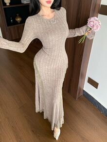 Modelyn Elegant Round Neck Long Sleeve Bell Sleeve Side Cutout Lace Patchwork Hem Lace Trim Mermaid Women Dress - Coffee - View 6