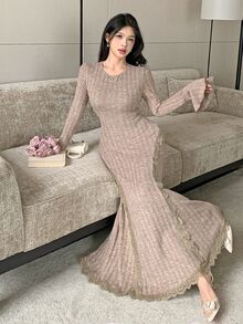 Modelyn Elegant Round Neck Long Sleeve Bell Sleeve Side Cutout Lace Patchwork Hem Lace Trim Mermaid Women Dress - Coffee - View 8