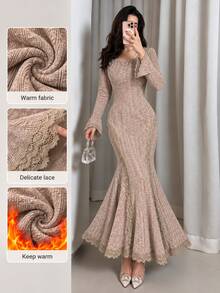 Modelyn Elegant Round Neck Long Sleeve Bell Sleeve Side Cutout Lace Patchwork Hem Lace Trim Mermaid Women Dress - Coffee - View 1