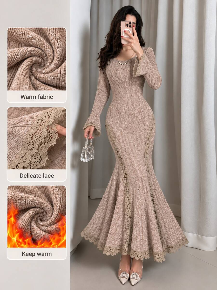 Modelyn Elegant Round Neck Long Sleeve Bell Sleeve Side Cutout Lace Patchwork Hem Lace Trim Mermaid Women Dress - Coffee - View 1