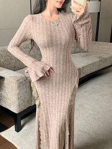 Modelyn Elegant Round Neck Long Sleeve Bell Sleeve Side Cutout Lace Patchwork Hem Lace Trim Mermaid Women Dress - Coffee - View 7