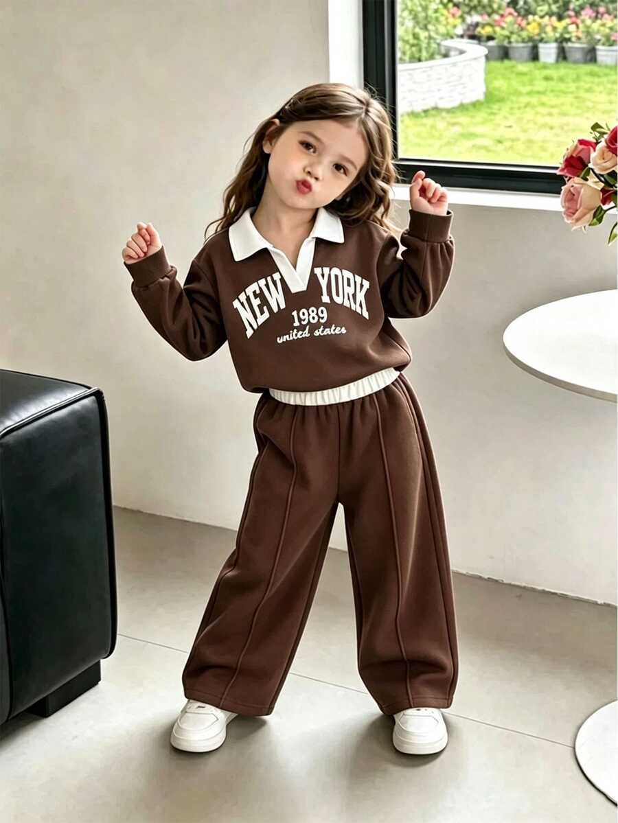 Genkimix Kids 女童針織翻領T恤套裝,長袖針織上衣與長褲套裝,時尚休閒穿搭,秋季新款,棕色對比半翻領 - 棕色 - 查看 1