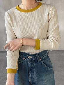 FRIFUL T-shirt décontracté polyvalent pour femme, coupe slim, manches longues avec fente aux poignets, tissu côtelé bicolore, automne - Nude - Voir 4