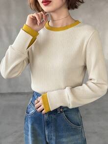 FRIFUL T-shirt décontracté polyvalent pour femme, coupe slim, manches longues avec fente aux poignets, tissu côtelé bicolore, automne - Nude - Voir 3