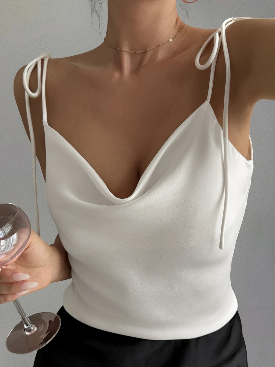 Strévra Summer New Premium Solid White Ruffle Neck Women's Tank Top Halter Top - White - View 1