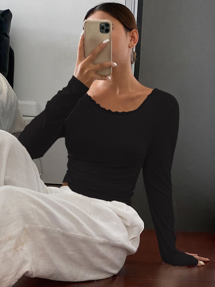 Strévra Atasan Kaos Lengan Panjang Wanita Seksi dengan Detail Renda dan Punggung Terbuka, Pakaian Musim Gugur - Hitam - View 4