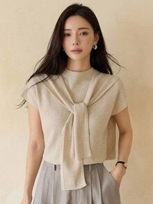 Dazy-Less 2件組女款毛衣套裝，短袖針織上衣搭配披肩領，商務休閒女裝 - 米色 - 查看 9