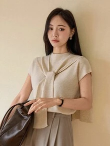 Dazy-Less 2件組女款毛衣套裝，短袖針織上衣搭配披肩領，商務休閒女裝 - 米色 - 查看 5