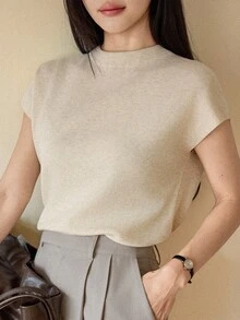 Dazy-Less 2件組女款毛衣套裝，短袖針織上衣搭配披肩領，商務休閒女裝 - 米色 - 查看 4