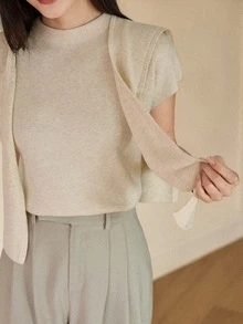 Dazy-Less 2件組女款毛衣套裝，短袖針織上衣搭配披肩領，商務休閒女裝 - 米色 - 查看 7
