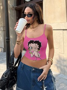 Betty Boop x SHEIN 女款卡通印花休閒 Y2K 性感百搭細肩帶背心 外出夜生活穿搭 - 白色 - 查看 4
