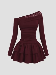 Sweetra New Fashion Lace Patchwork Oblique Shoulder Elegant Commuting Daily Wear Cinched Waist Flared Hem Mini Dress For Women - Burgundy - View 3