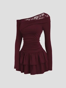 Sweetra New Fashion Lace Patchwork Oblique Shoulder Elegant Commuting Daily Wear Cinched Waist Flared Hem Mini Dress For Women - Burgundy - View 1