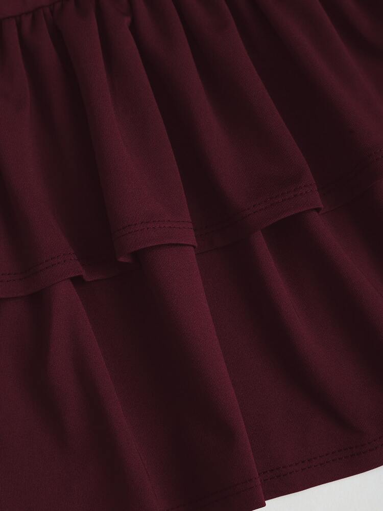 Sweetra New Fashion Lace Patchwork Oblique Shoulder Elegant Commuting Daily Wear Cinched Waist Flared Hem Mini Dress For Women - Burgundy - View 6