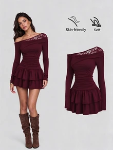 Sweetra New Fashion Lace Patchwork Oblique Shoulder Elegant Commuting Daily Wear Cinched Waist Flared Hem Mini Dress For Women - Burgundy - View 7