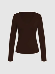 Tropvida Solid Color Deep V-Neck Casual Long Sleeve Knit T-Shirt Autumn Cloth For Women Night Out Dark Brown - Chocolate Brown - View 4