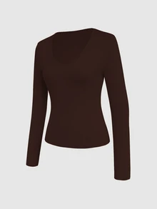Tropvida Solid Color Deep V-Neck Casual Long Sleeve Knit T-Shirt Autumn Cloth For Women Night Out Dark Brown - Chocolate Brown - View 5