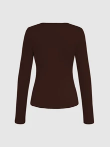 Tropvida Solid Color Deep V-Neck Casual Long Sleeve Knit T-Shirt Autumn Cloth For Women Night Out Dark Brown - Chocolate Brown - View 2