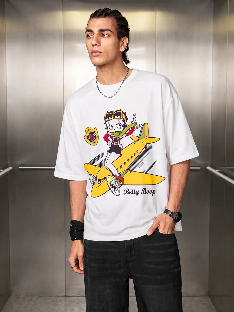 Betty Boop x SHEIN Men's Letter & Airplane Print Short Sleeve Casual T-Shirt - Apricot - View 1