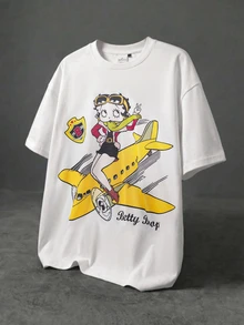 Betty Boop x SHEIN Men's Letter & Airplane Print Short Sleeve Casual T-Shirt - Apricot - View 2